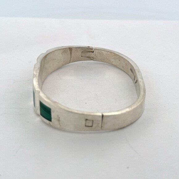 Estate Sterling Silver 925 Malachite Inlay Bangle Bracelet Hinged 6” 46.6g Mexic - Picture 4 of 8
